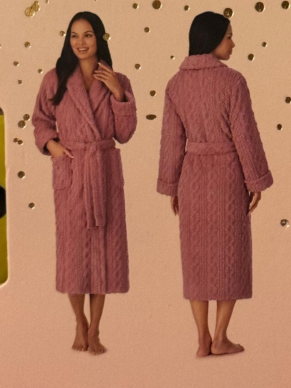 Plush Cable-Knit Long Robe - Dusty Rose